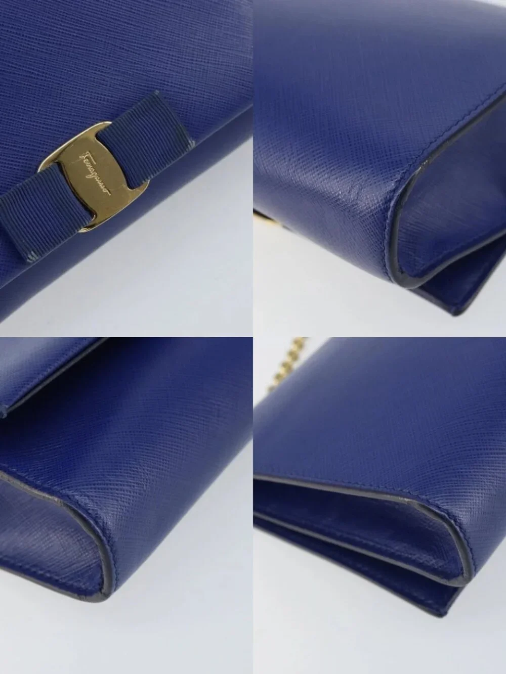 Salvatore Ferragamo Vala Chain Shoulder Bag Leather Blue Gold Auth 161081